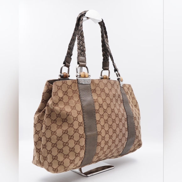 AD34❤️ Gucci GG Canvas Bamboo Libeccio Tote Bag - Picture 4 of 13